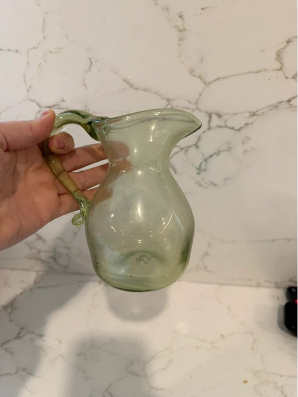 Vintage Hand Blown Green Art Glass Pitcher Applied Handle Pinched Spout